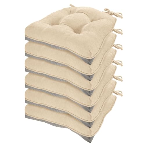 HARBOREST Chair Cushions for Dining Chairs Set of 6 - Chenille Tufted Kitchen Chair Cushions with Ties and Non-Slip Bottom, Foam Chair Pads for Dining Chairs, 17" x 17", Ivory