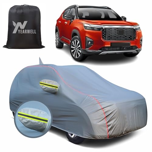 Image of Car Body Cover for Honda Elevate, 100% Waterproof, Heat-Resistant with Mirror & Antenna Pockets, Soft Cotton Lining, Triple Stitched, Green Reflector (Metallic Grey)