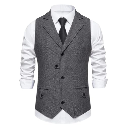 Men's Herringbone Single Button Solid Lapel Vest Waistcoat For Wedding Groom Business Banquet Office Suit