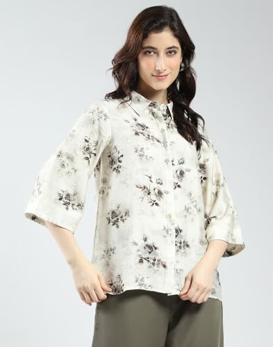 Image of Monte Carlo Women's Regular Fit Floral Collared Neck Top | 3 /4 Sleeve Casual Wear | Stylish & Comfortable | Everyday Top Wear for Women Off