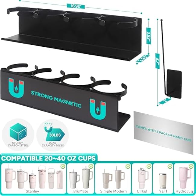 Magnetic Fridge Cup Holder for Stanley 20/30/40 oz with Tumbler Lid Organizer, Strong Magnetic Water Bottle Storage Rack (Black, 8 Cup)
