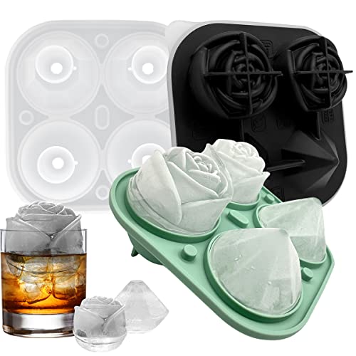 2Pcs Ice Cube Tray, 1.8Inch Novelty Ice Cube Molds, Built-In Funnel, Cavity Silicone Rose & Diamond Ice Ball Maker, Ice Cube Form For Chilling Drinks, Cocktails & Whiskey, Bourbon & Juice(Black+Green) #TOP9