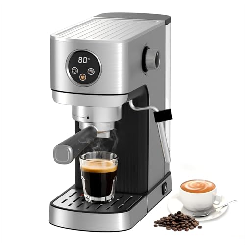 DRAGONBALL Espresso Machine, Coffee Machine with Steam Frother, 20 Bar Coffee Machine for Cappuccino, Latte, 1.2L Water Tank, Stainless Steel, Silver