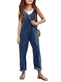 Haloumoning Girls' Denim Overall Jumpsuits Sleeveless V Neck Adjustable Straps Jeans Pants Jumpers with Pockets