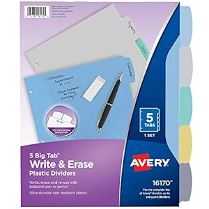 Avery Big Tab Write & Erase Durable Plastic Dividers for 3 Ring Binders, 5-Tab Set, Pastel Multicolor, 1 Set (16170)