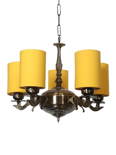 Image of Devansh 05 Lights Yellow Round Cotton Shade with Antique Golden Chandelier