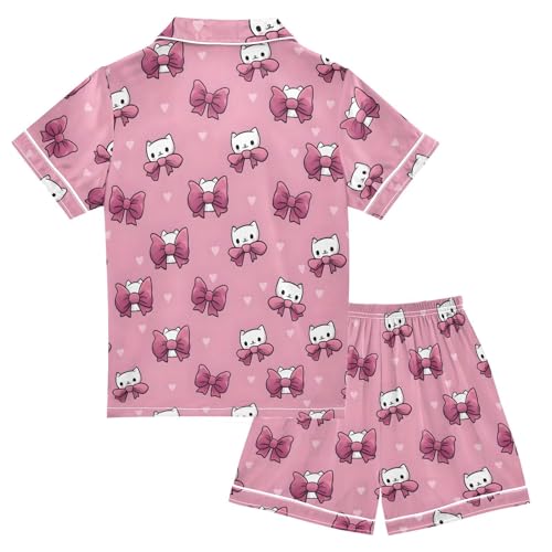 Kitten Cat Pink Bow Pajamas Set Soft Satin Pjs Sets 2 Piece Short Sleeve Sleepwear Casual Loungewear2