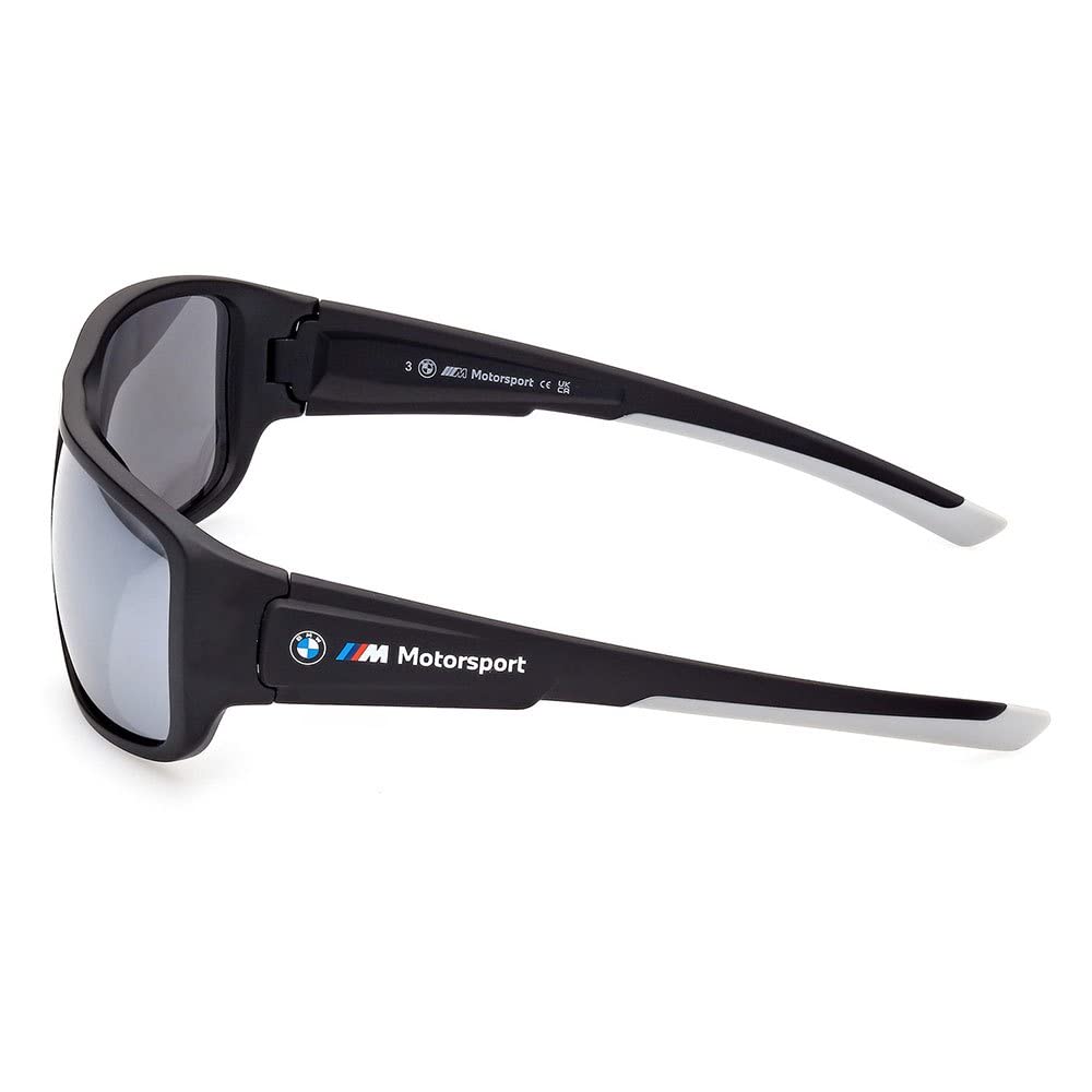 BMW M Motorsport BS0023 Occhiali da Sole Uomo, Occhiali da Sole Unisex Leggeri, Forma Lente Navigator, Lenti Specchiate Fumo, Nero Opaco