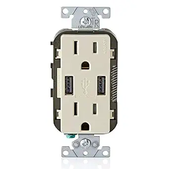 Leviton T5632-T Type-A USB in-Wall Charger with 15A Tamper-Resistant Outlet, USB Charger for Smartphones, Light Almond