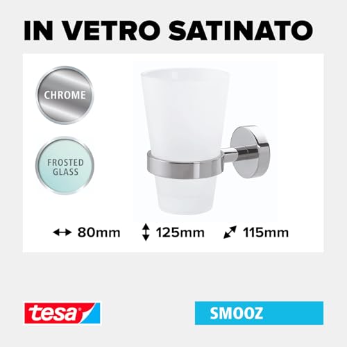 Tesa Smooz Portabicchiere - Porta Spazzolino E Dentifricio A Parete Senza Perforazione, In Metallo Cromato, Inossidabile E Vetro Satinato - Impermeabile - Colla Rimovibile Inclusa - 3