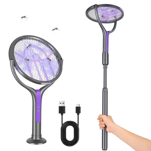 KONEIYA Raqueta Mosquitos Recargable y Mata Moscas Electrico 2 en 1, [Longitud Extensible 1.1M, Cara de Raqueta Giratoria 90°] Matamoscas Electrico, Portátil para Cocina Jardín Terraza