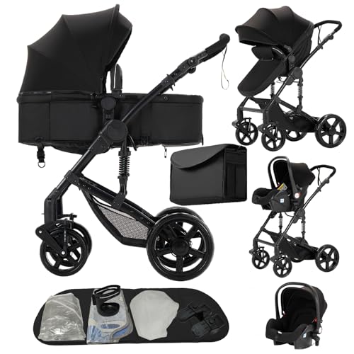 Doraystar Kinderwagen 3 in 1, Kombikinderwagen 3 in 1 Komplettset mit Zwei Umkehrbaren Schiebemodi, Kinderwagen Set mit Ein-Klick-Faltdesign, Rahmen Aluminiumlegierung (588 Black)