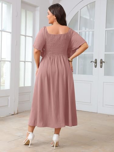 Women's Plus Size Dress Short Sleeve Square Neck Smocked Side Split Flowy A Line Long Maxi Dress4
