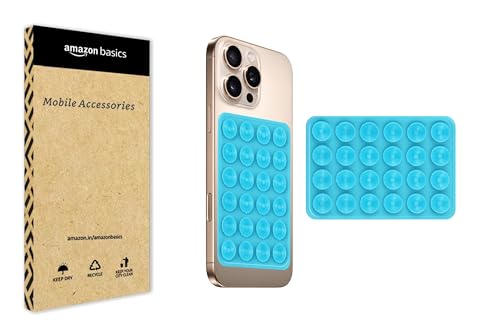 Image of amazon basics Suction Phone Case Anti-Slip Silicone Multipurpose Hands-Free Sticky Pads for Phone Case Mount for Selfies Videos Mirror Shower Car Dashboard - Light Blue (1 Piece)