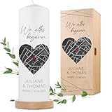 GRAVURZEILE Bedruckte Kerze - Wo alles begann - Personalisierte Kerze mit Namen & Datum - Eigene Karte mit Herz - Pärchengeschenk zum Jubiläum - Geschenk zur Hochzeit oder Valentinstag für Sie & Ihn