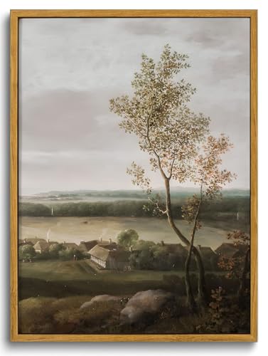 Image of KISSFOX Vintage Farmhouse Landscape Canvas Wall Art Fall Rustic Countryside Framed Wall Art Autumn Cottagecore French Country Scenic Tree Art Prints Artwork For Living Room Bedroom Kitchen