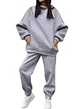 Onsoyours Damen Mode Sportanzug Traingsanzug Jogginganzug Frauen 2 Teilig Freizeitanzug Kapuzenpullover Sweatshirt + Lange Hose 2 Stück Set Sport Yoga Outfit Z3 Grau L