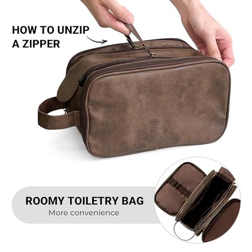Elviros Toiletry Bag for Men, Large Travel Shaving Dopp Kit Water-resistant Bathroom Toiletries Organizer PU Leather Cosmetic Bags (Dark coffee)