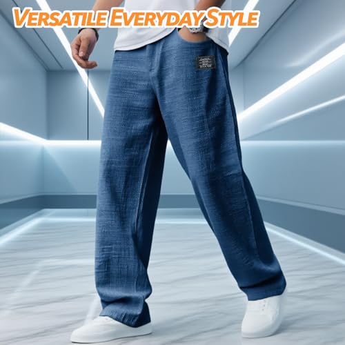 Mokolaha Men's Casual Hemp Pants, Drawstring Elastic Waist with Pockets, Relaxed Fit Embroidered Logo Trousers for Men4