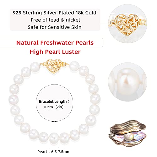 Pearlsays Natural Pearl Bracelets For Women 925 Sterling Silver Plated 18K Gold Heart Clasp Handpicked Real White Cultured Freshwater Round Pearl Strand Bracelet Handmade Birthstone June Charm Gifts #TOP3