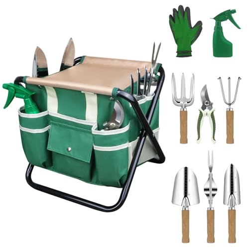 LeMotech Garden Tool Set,10 Pieces Heavy Duty Gardenting Tool Kit, Folding Stool with Detachable Tote Bag, Thicker Stainless Steel Tools (Trans-Planter,Trowel,Weeder etc.) for Women Men