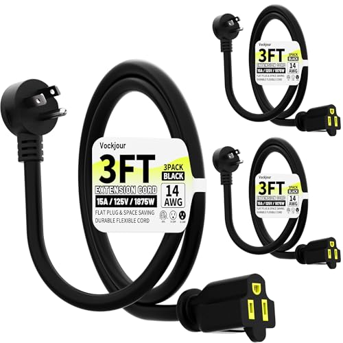Vockjour 3 FT 3 Pack Black Low Profile Flat Plug 14 Gauge Heavy Duty Extension Cord, 14AWG 3-Wire Grounded Appliance Extension Cord, 15A/125V/1875W SJTW ETL Listed Power Cord