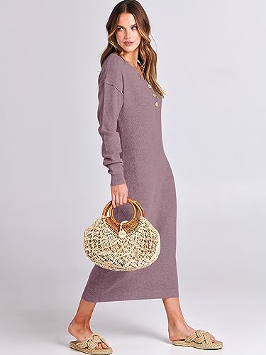 Image of ANRABESS Women Long Sleeve Button V Neck Oversized Casual Loose Fit Waffle Knit Fall Midi Sweater Dress 2026 Trendy Outfits