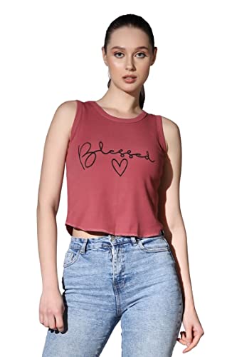 Image of OM SAI LATEST CREATION Crop Tops for Women || Ribbed Solid Chest Printed Crop Top for Girls || Text & Hart Print with Round Neck & Sleeveless Crop Top for Women || Tank Top.