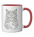 Cat Playing Soccer Black and White Line Art Kitten Football Ceramic Mug, Red/White