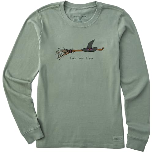 Life is Good Women's Crusher Tee Shirt, Long Sleeve Cotton Graphic T-Shirts, Quirky Frequent Flyer Witch Broom