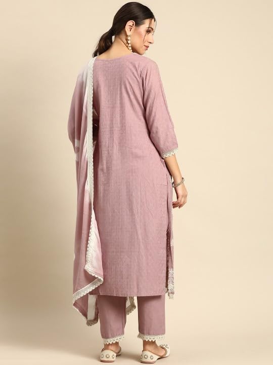 Image of Amazon Brand - Tavasya Womens Embroidered Kurta Pant Set With Trousers With Prinred With Lace Dupatta