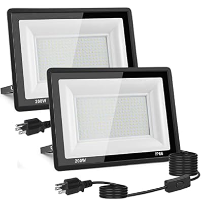 2-Pack 200W LED Flood Light Outdoor, 20000LM Bright Plug-in Flood Lights with Switch, IP66 Waterproof Exterior Security Lights, LED Work Light for Garage, Yard, Garden, Playground, Stadium, Arena