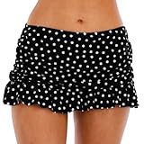 Halcurt Women's Mid Waisted Ruched Ruffle Swim Skirts with Hipster Sexy Bikini Swimsuit Bottoms Black Polka Dot S