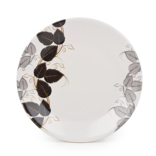 Image of Golden Fish Melamine Round Dinner Plate Set of 4 | Blue-Grey Botanical Leaf Print | Unbreakable, Dishwasher & Microwave Safe