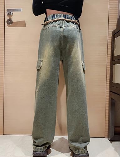 Happy Cherry Calças jeans para meninas, cintura elástica, pernas largas, calças largas com cordão, Y
