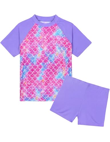 Image of Girls Swimsuit Colorful Short Sleeve Bathing Suits UPF 50+ Rash Guard Set Two Piece Summer Swimwear