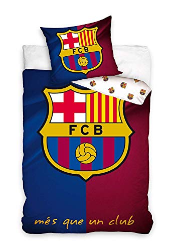 Carbotex FCB6001 - F.C. Barcelona - Juego de cama individual MES Que un Club LOGO Barcellona - 100% algodón - 140 x 200 cm y funda de almohada 50 x 70 cm