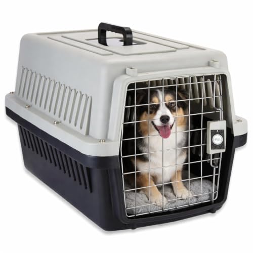 Image of Pet Carrier Fiber Cage - (Large, Grey) (49 x 37 x 35 cm) for Cats and Small Dogs I Portable 19 inch Travel Crate with Metal Door & Spring Lock | Ventilated Easy-Carry Handle Kennel House