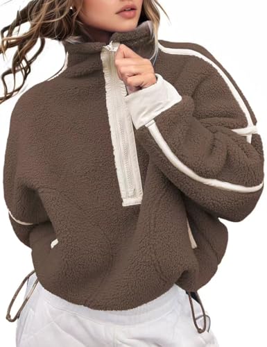 Women's Fleece Sweatshirts Half Zip Pullover Long Sleeve Oversized Workout Crop Tops Hoodie with Pocket