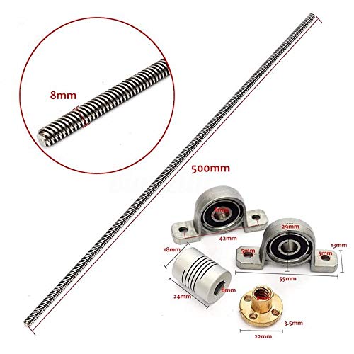 Lysee 3D Printer Parts & Accessories - T8 Lead Screw Kit 500mm Lead 8mm Vertical Lead Screw Rod & Pillow Block Mounted Bearing for 3D Printer - (Size: as Shown)