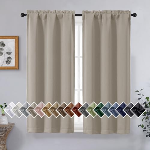 Image of Stone Short Blackout Curtains for Bedroom 45 Inches Long 2 Panels Set, Solid Thermal Insulated Blackout Curtains, Energy Saving Soft Fabric Window Drapes, Dual Rod Pocket, 2x40Wx45L Inches