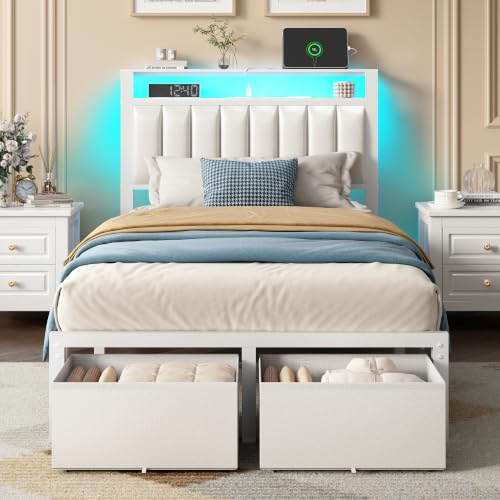 Image of Furnulem White Twin Bed Frames with PU Upholstered Headboard & 2 Drawers
