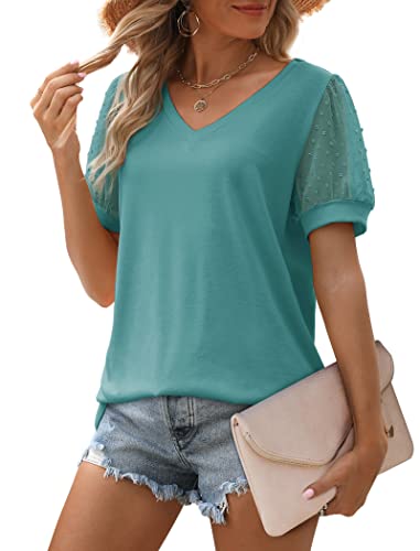 Image of Aokosor Womens Summer Tops V Neck T Shirts Swiss Dot Puff Sleeve Tops Loose Casual Tshirts