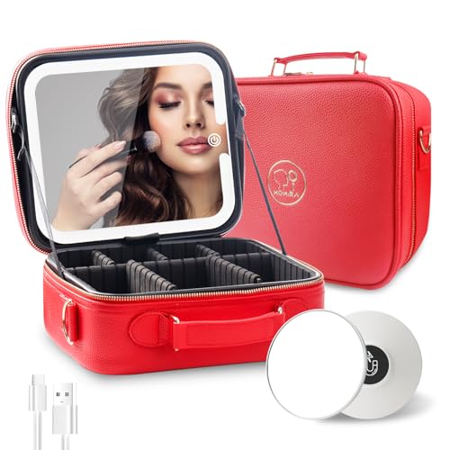 MOMIRA Travel Makeup Bag Cosmetic Bag with Lighted Mirror, Adjustable Brightness in 3 Color Scenarios/Detachable makeup mirror, All-round Upgrade, Waterproof, Gift for Women -Red Red Caviar