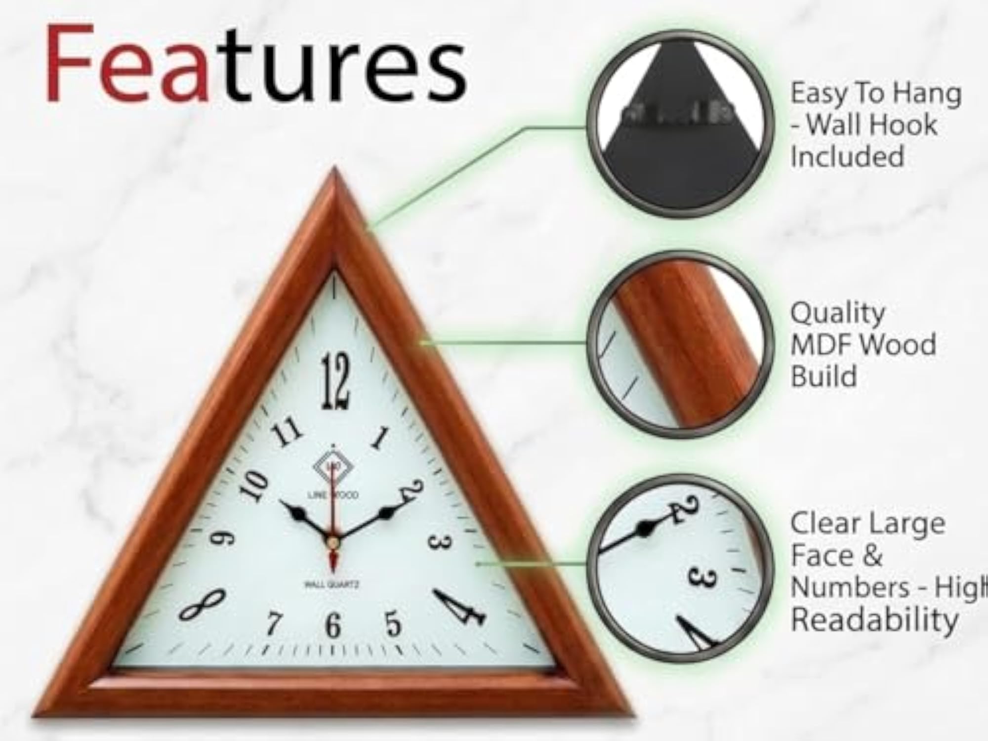 Vintage Triangle Wooden Wall Clock, 12 Inch