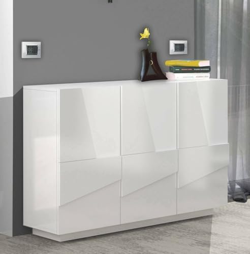 Dmora Mobile da ingresso a 3 ante e ripiani interni, Made in Italy, Entratina moderna, Credenza per atrio, cm 121x38h86, colore Bianco lucido
