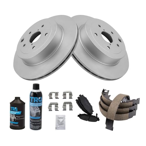 Image of TRQ Rear Brake Pad & Rotor Kit, with Chemical Kit Parking Brake Shoe Set Ceramic Premium G-Coated Compatible with 2008-2013 Subaru Impreza