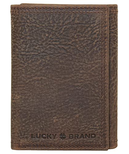 Lucky Brand Men's Trifold Wallet Id Window Card Slots Leather Organization Durable Stylish, Double Stitched-Brown, Tri-Fold