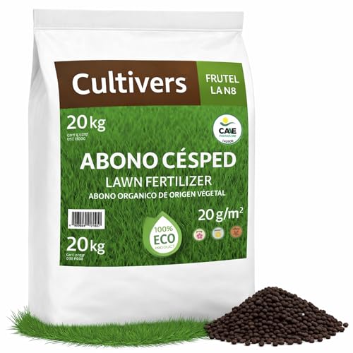 CULTIVERS Abono para Césped Ecológico 20 kg (hasta 1000 m²) Fertilizante Granulado de Origen Vegetal con Liberación Lenta, NPK 8-1-5, 74% Materia Orgánica y Ácidos Húmicos