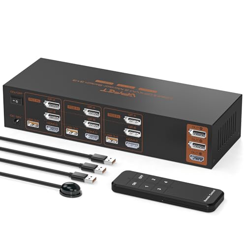 4K144Hz Displayport KVM Switch 3 Monitors 3 Computers 1 HDMI 8K30Hz KVM Switches Triple Monitor for 3 PC Share 3 Screens and 4 USB 3.0 Ports with Wireless Controller